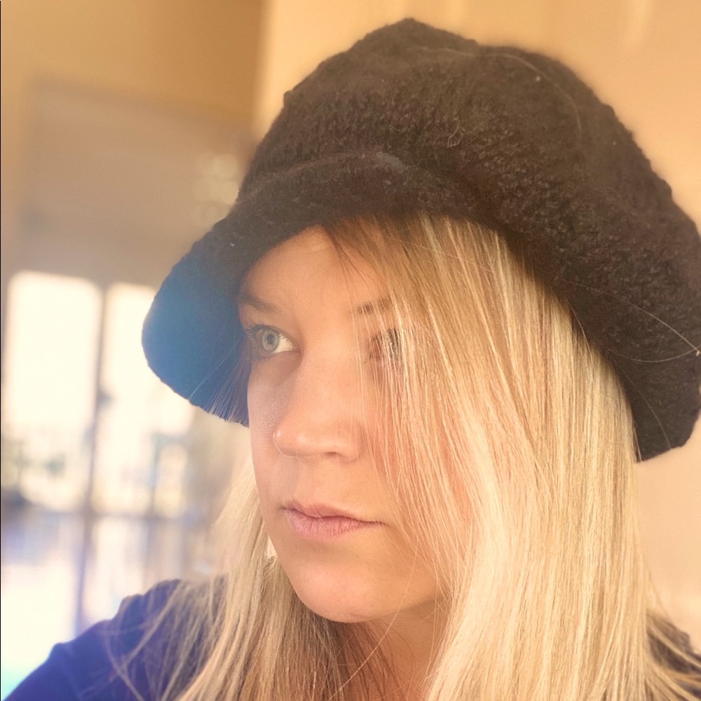 Lola Hats knit black slouchy beanie with brim.